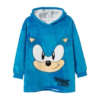Image of SONIC THE HEDGEHOG Boys Wearable Blanket Kids Blue Embroidered Gamer Print Fleece Hoodie Cosy Heavyweight Gaming Snuggle Hooded Pullover Classic Game Movie Loungewear Gift