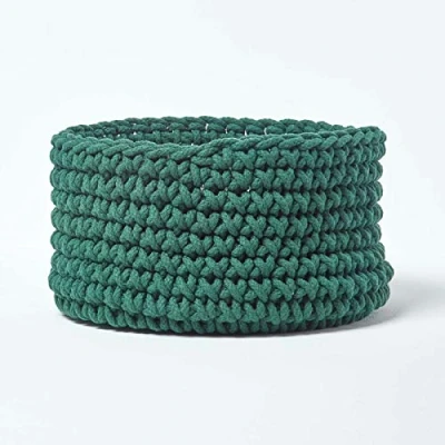 Image of HOMESCAPES Forest Green Knitted Storage Basket Round W37 x H21cm 100% Cotton Fabric Toys Matching with Pouffes