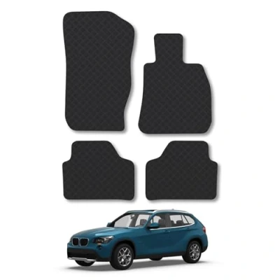 Image of Rubber Car Mats Compatible with BMW X1 (2010 2015) [E84] Tailored Fit Floor Set Accessory Black Custom 4 Pieces Clips Anti Slip Backing, Heavy Duty &amp; Waterproof