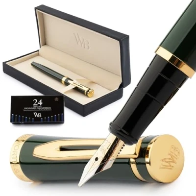 Image of Wordsworth &amp; Black Fountain Pen Set, 18K Gilded Broad Nib, Includes 24 Pack Ink Cartridges, Refill Converter Gift Box, Gold Finish, Calligraphy, [Racing Green], Perfect for Men Women