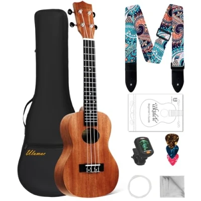 Image of Concert Ukulele, Solid Mahogany 23inch Ukelele for Adults Kids Beginner with Gig Bag, Digital Tuner, Replacing Strings, 3 Guitar Picks, Strap, Cloth