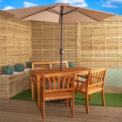 Image of Outdoor 4 Person Rectangular Wooden Dining Table, Bench &amp; 2 Chairs with Beige Havana Parasol Base