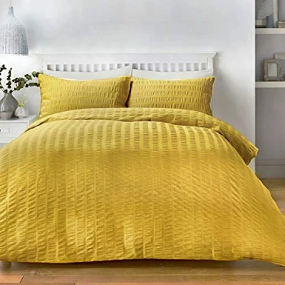 Image of RAYYAN LINEN SEERSUCKER DUVET COVER BEDDING SET WITH PILLOWCASES (Ochre Yellow, Single)
