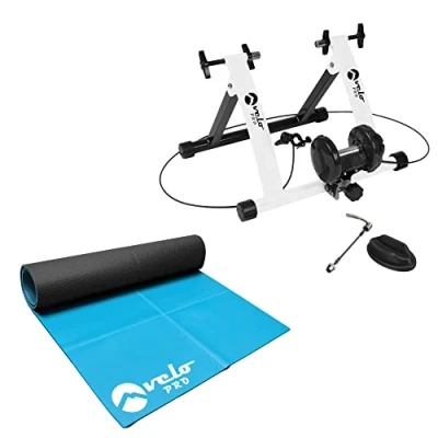 Image of Velo Pro Turbo Trainer and Exercise Mat Bundle Variable Resistance Magnetic Indoor Bike for Road &amp; Mountain Bicycles Stationary Stand Real Feel 26&quot; 28&quot; Wheels White