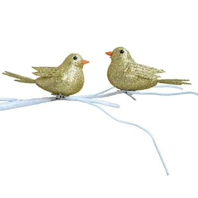 Image of Gold Glitter 10cm 2 Pack Clip on Birds Christmas Tree Decoration