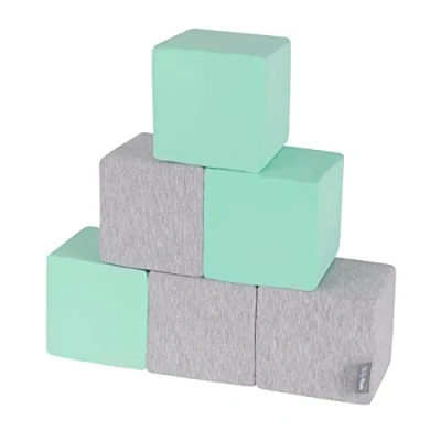 Image of KiddyMoon Soft Foam Cubes Building Blocks 14Cm For Children Multifunctional Construction Montessori Toy Babies, Made In The EU, 6 Pieces, Cubes:Light Grey Mint