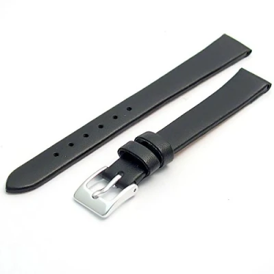 Image of Fine Calf Leather Watch Strap Band 14mm Black with Chrome (Silver Colour) Buckle. Free Spring Bars (Watch Pins)