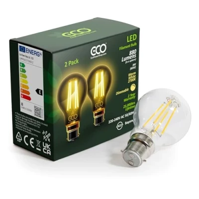 Image of ECO 60W Equivalent 8W Dimmable LED Filament Light Bulb, 880 Lumens, Warm White 2700K, B22 2 pin Bayonet, 25,000hrs Lifetime.