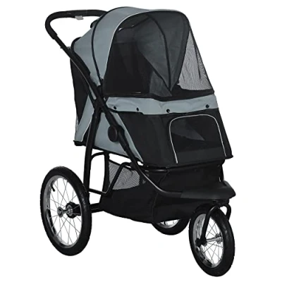 Image of PawHut Dog Pram Stroller Jogger Foldable Pet Pushchair for Medium, Small Dogs, w/Rubber Wheels, Washable Cushion Grey