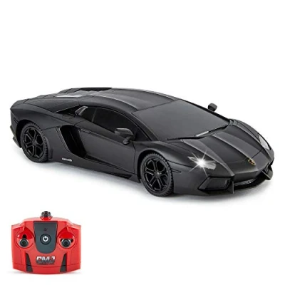 Image of Lamborghini Aventador Official Licensed Remote Control Car with Working Lights, Radio Controlled On Road RC 1:24 Scale, 2.4Ghz Matte Black, Great Toys for Boys and Girls