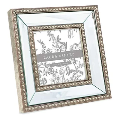 Image of Laura Ashley 4x4 Champagne Mirror Bead Picture Frame, Classic Mirrored Frame with Beaded Border, Wall Mountable, Made for Tabletop Display, Photo Gallery and Art, (4x4, Champagne)