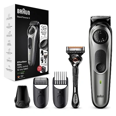 Image of Braun Beard Trimmer Series 5 &amp; Hair Clippers with Gillette Fusion5 ProGlide Razor, 39 Length Settings, UK 2 Pin Plug, BT5260, Black/Silver