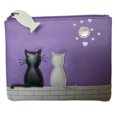 Image of Premium Leather Black &amp; Grey Cat Coin Purse by Mala Midnight Collection 4231 (Purple)
