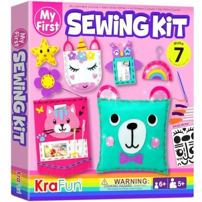 Image of KRAFUN My First Sewing Kit for Kids Age 5 6 7 8 9 Beginner Art &amp; Craft, includes Easy Projects Dolls and Pillows, Instruction Plush Felt Materials Learn to Sew, Embroidery Skills