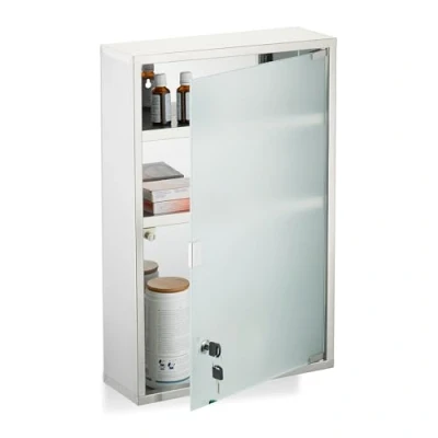 Image of Medicine Cabinet, 3 Shelves, First Aid Storage, Stainless Steel, Frosted Glass, 58x38x13 cm, Lockable, Silver Relaxdays