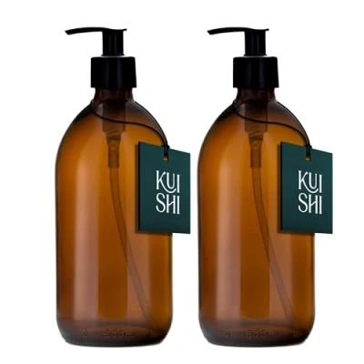 Image of Kuishi Amber Brown Glass Pump Bottle Dispenser, Refillable Soap Dispenser with Black Plastic for Reducing Waste (BPA Free) (500ml x 2)