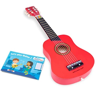 Image of New Classic Toys 10301 Wooden Guitar Toy for Toddlers 3 Boys and Girls Baby Gifts, Kids Musical Instruments Childrens Three Year Old Inclusive Musicbook, Red, 10342, Blue, Deluxe Naturel