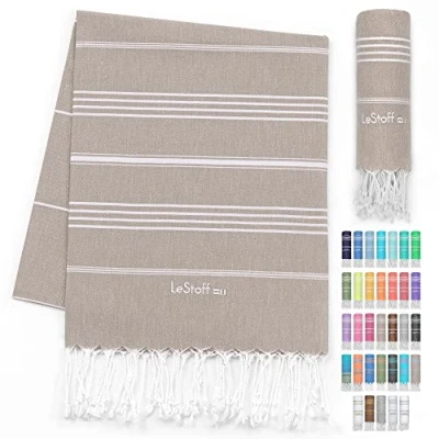 Image of LeStoff Turkish Hammam Towel Quick Drying &amp; Lightweight Peshtemal for Beach, Sauna, Bath, Travel, Yoga Camping Sand Proof Blanket 100% Organic Cotton Eco Friendly (95 x 180 cm, Beige)