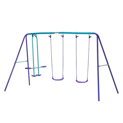 Image of Outsunny Metal Garden Swing Set Height Adjustable Children Outdoor Backyard Play for Toddlers Over 3 Years Old, Purple