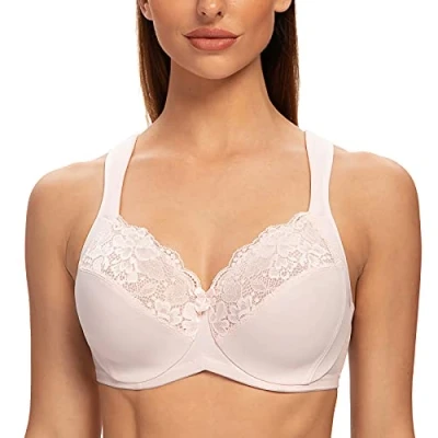 Image of MELENECA Women&#039;s Minimizer Bra Full Coverage Plus Size Underwire Lace Comfort Cushion Strap Soft Pink 38B