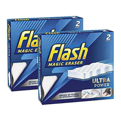 Image of Pack of 2 x Magic Sponge Eraser Ultra Power With no Harsh Chemicals Safely Removes Scuffs, Grime And Dirt Without Scratching Or Damage Size 10.2 5.1 2.5 CM