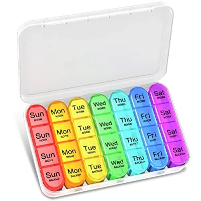 Image of Pill Box 4 Times a Day, Betife Weekly Organisers, 7 Day Tablet Organiser, Daily Dispenser Compartments, for Medication, Vitamins and Supplements (Transparent)
