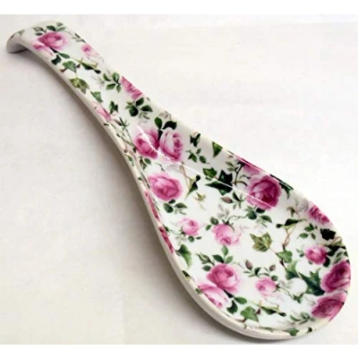 Image of Fromeuropewithlove Pink Ivy Rose Spoon Rest Large Ceramic Porcelain Roses Hand Decorated UK