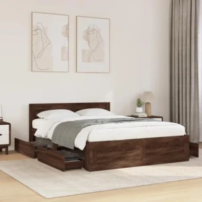 Image of vidaXL Bed Frame with Headboard, Drawers &amp; Slats Brown Oak, Engineered Wood, 120x200 cm