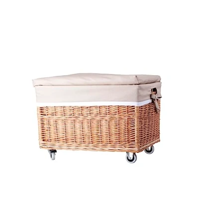 Image of e wicker24 Natural Wicker Storage Chest on Wheels with Soft Cushion Seat Hand made Woven Basket Two Handles Vintage Toy Multi functional Lid Box(natural/beige)