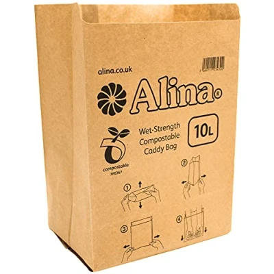 Image of 50 x Alina 10L Compostable Paper Caddy Bin Bag/Food Waste Liner/Biodegradable Brown 10 Litre Sack (50 bags)