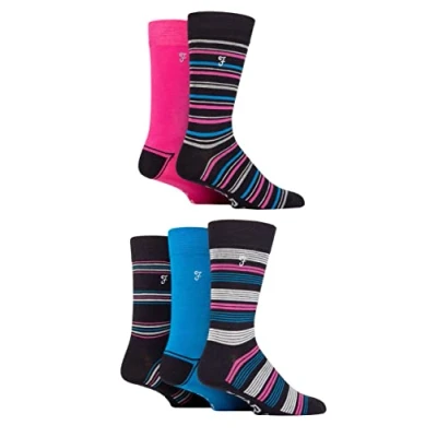 Image of Mens 5 Pair Farah Plain, Striped and Patterned Everyday Bamboo Socks Stripe Dark Navy / Cerise 6 11