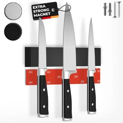 Image of CUCINO Black Magnetic Knife Holder for Wall 25cm (10&quot;) incl. Self Adhesive Strip, Extra Strong Magnets Walls, Rack with Installation Made of Stainless Steel