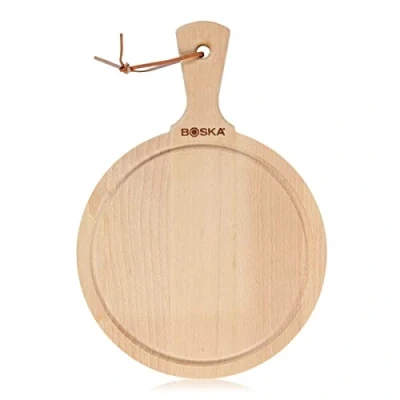 Image of BOSKA Serving Board Round Amigo M/with Handle/Rustic Beechwood/Serving Cheeses and Snacks/Brown / ⌀ 9.2&quot;