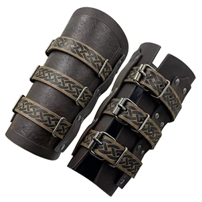 Image of HiiFeuer Medieval Vintage Faux Leather Bracers, Retro Buckle Fastening Mercenary Arm Guards, Costume Knight Gauntlets (Brown A)
