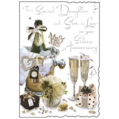 Image of Illustrated Daughter &amp; Son In Law Silver Anniversary Card (JJ9226) From The Velvet Range Embossed With A Foil Flitter Finish