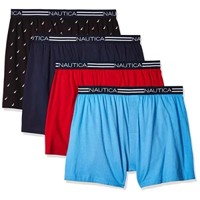 Image of Nautica Men&#039;s Classic Cotton Loose Knit Boxer Shorts, Peacoat/Aero Blue Red/Sails Black 4 Pack, S