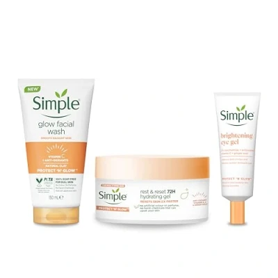 Image of Simple Protect &#039;N&#039; Glow Express Clay Polish Cleanser 150 ml + ‘n’ Brightening Eye Gel 25 &amp; Rest and Reset 72h Hydrating 50 3 piece
