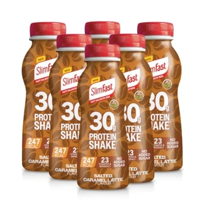 Image of SlimFast Ready To Drink Shake, NEW Salted Caramel Latte Flavour, High Protein Meal Replacement Shakes for Weight Loss and Balanced Diet, Vitamins Minerals, No Added Sugar, 6 x 325 ml