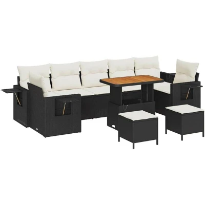 Image of vidaXL 10 Piece Garden Sofa Set with Cushions Black Poly Rattan Acacia