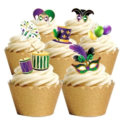 Image of 30 Stand Up Mardi Gras Carnival Fiesta Themed Edible Wafer Paper Cake Toppers Decorations
