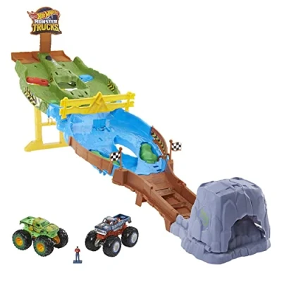 Image of Hot Wheels Monster Trucks Toys, Wreckin’ Raceway Playset with Bigfoot &amp; Gunkster, Convenient Storage, Gift for Kids​​, HGV12