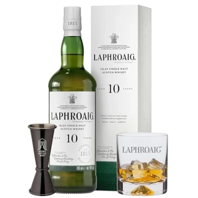 Image of Laphroaig Whisky Glass &amp; Jigger Gift Set 1 x 70cl Bottle of 10 Year Old Whisky, Glass, Secret Shop Gifts