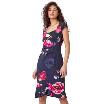 Image of Roman Originals Ruffle Hem Dress for Women UK Ladies Sweetheart Neckline Frill Hemline Scuba Velvet Bodycon Fitted Fluted Flattering Wedding Guests Special Occasion Outfit Navy Pink Size 10
