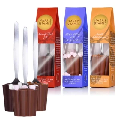 Image of Harris &amp; James Hot Chocolate Stirrers Variety Pack of 3. Salted Caramel Chocolate, Dark Milk with Marshmallows. Gift Set for Drinking Chocolate.
