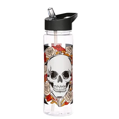 Image of Puckator Skulls And Roses Kids Drinks Bottle With Flip Straw Reusable Water For Girls Boys A Carry Handle Bpa Free School Nursery Union Jack Skull Design Pp 550ml
