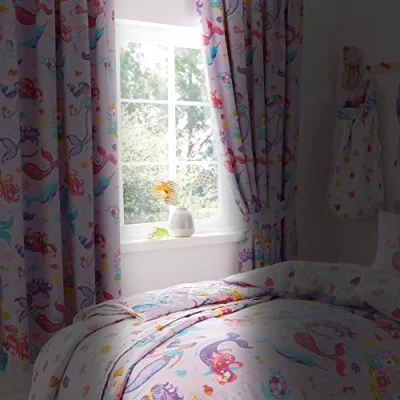 Image of Happy Linen Company Girls Magical Mermaids Ariel Purple 66&quot; x 54&quot; Ring Track Pole Fully Lined Thermal Blackout Pencil Pleat Curtain Set