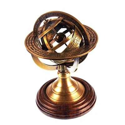 Image of 5&quot; Nautical Brass Armillary Sphere World Globe Rosewood Base Table Decor Gift