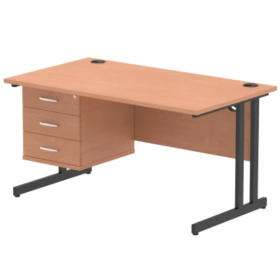 Image of Impulse 1400x800 Desk Beech/Black Cantilever Leg 1x3 Drawer Fixed Ped