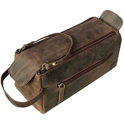 Image of Leather Toiletry Bag for Men Travel Wash Bathroom Shower Toiletries Organizer Makeup Women