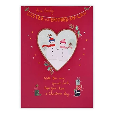 Image of Clintons: Snowmen In Heart Sister &amp; Brother Law Christmas Card 155 x 201,Multi Colour,1149056